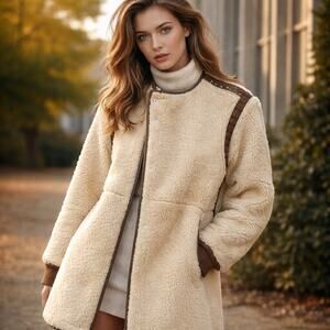 Vintage Shearling Teddy Coat | Cream & Brown Trim | Cozy Heritage Style